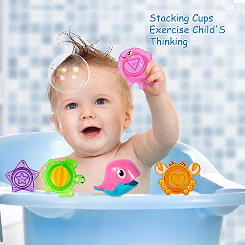 Joyjoz 3 in 1 Bath Bubble Machine, Automatic Bubble Maker for Toddlers with 12 Nursery Rhyme, 1000+ Bubbles Per Minute, Include Bubble Machine,5 Stacking Cups, 5 Squirting Dolls, Gifts for Kids