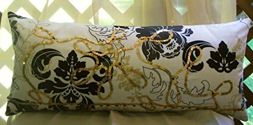 Handmade Lumbar Sequin Black and Gold Throw Pillow - Custom Long Cream Colored Pillows - Custom Bed Cream and Black Cushion Cover with Insert Included -
