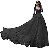 Jorshiman Long Sleeve Wedding Dresses for Bride Princess A Line Wedding Ball Gown Tulle Lace Beach Bridal Gowns with Train