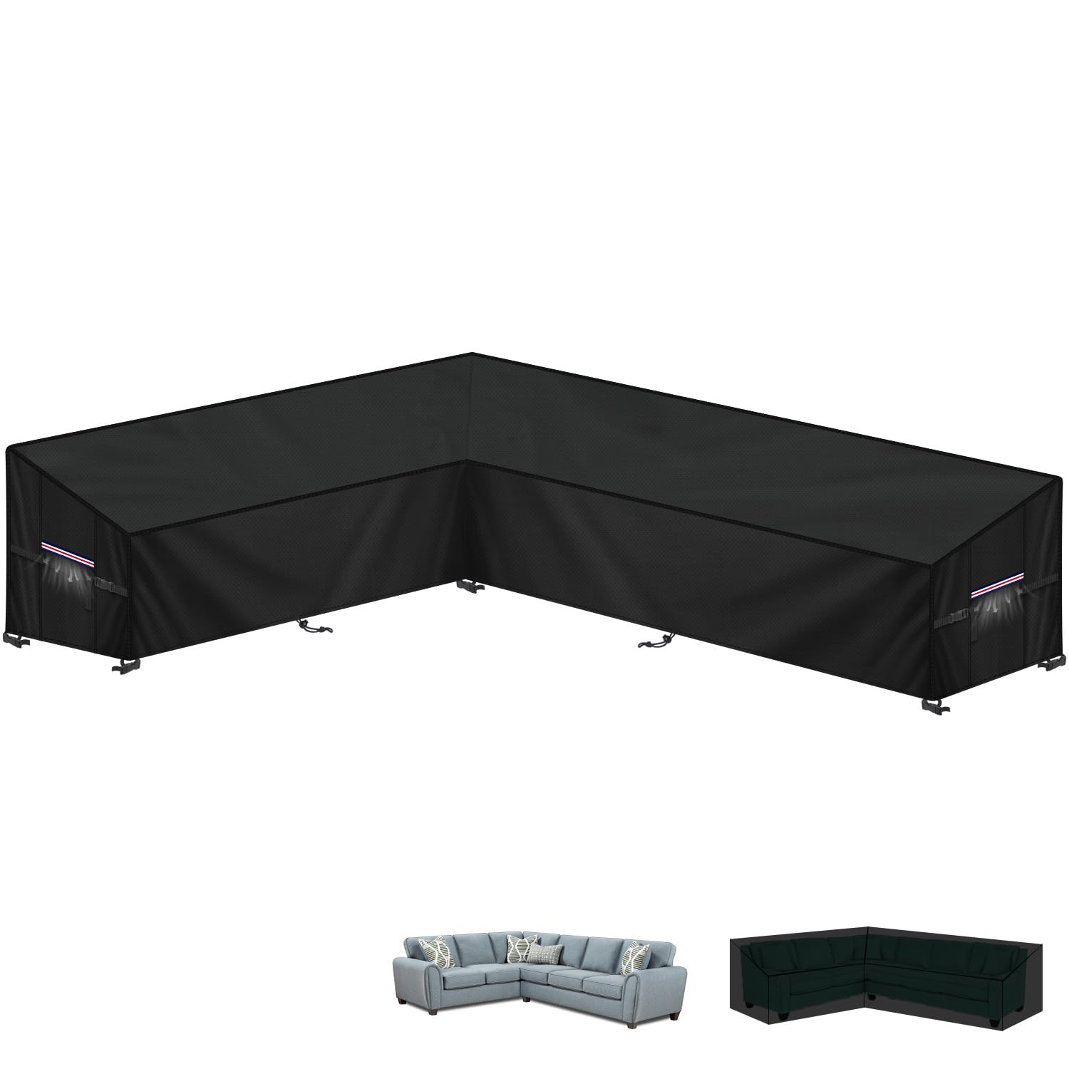 LAMUNI L-Shaped Garden Furniture Cover Waterproof Garden Sofa Covers 420D Oxford Rattan Corner Sofa Cover L-Shape Garden Corner Covers Outdoor Corner Sofa Cover with Air Vent, 210x300x102x80/60cm