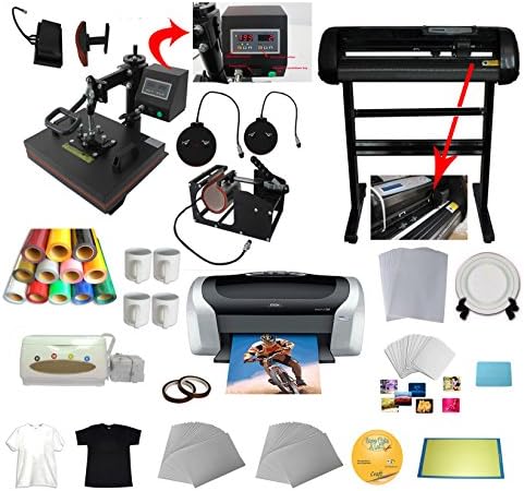 Techtongda 24'' Vinyl Cutter Plotter 5In1 Heat Press Machine Epson C88 Printer CISS Vinyl Mug Plate Tape Beginning Business Bundle