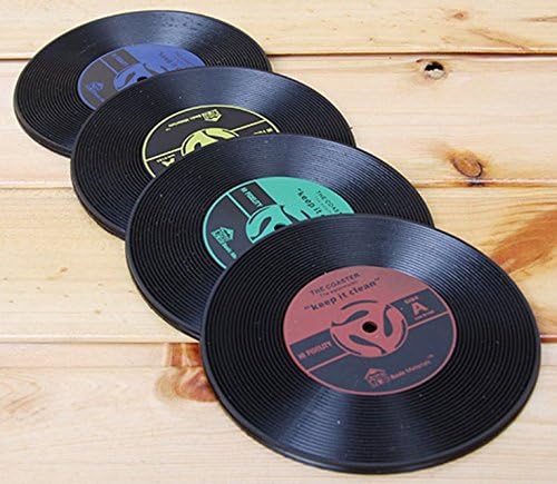 HOCUS™ Silicone Cup Mat with High Heat-Resistance, 4 Pcs Cute Durable Silicon Coaster Hot Cup Holder, LP CD Design, Vinyl-Look Bottle Mat, Set of 4 Drink Placemat (4, Multi-Colored)