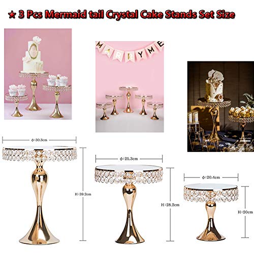 Cupcake Stands, 14 Set Metal Crystal Cake Holder Cupcake Stand Cake Dessert Holder with Pendants and Beads,Wedding Birthday Dessert Cupcake Pedestal Display, Gold USA STOCK (3, Gold-Mermaid)