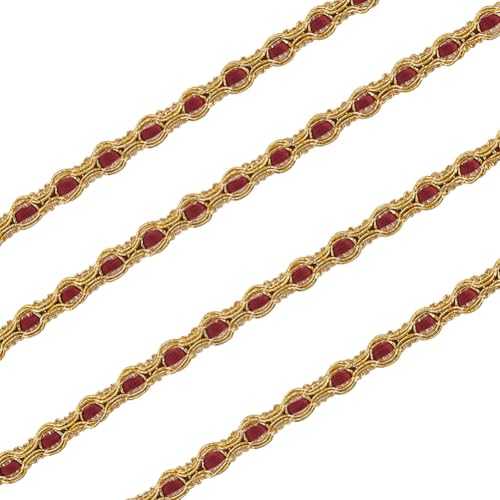 CABODYALS 18.29M 9mm Gold Red Braid Metallic Ribbon Gimp Golden Woven Lace Upholstery Edge Fringe Glitter Trimming Decorative Polyester Trim for Sewing Making Home Curtain Costume Decor Diy Craft