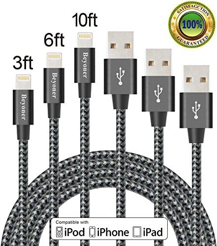 Beyoner 3Pack 3ft 6ft 10ft iPhone Charging Cord USB Cable Nylon Braided Lightning Sync and Charging Cord for iPhone 7, 7 Plus,SE, 6,6s,6 plus,6s plus,5c,5s,5,iPad Air,Mini,iPod Touch (black gray)