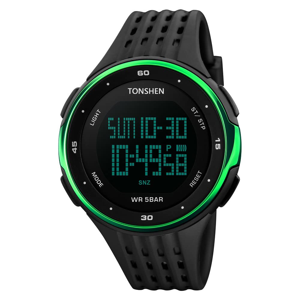 TONSHEN Mens Sport Watch Waterproof LED Outdoor Military Multifunction Electronic Digital Watch 50M Water Resistant Date Stopwatch Back Light Army Wrist Watch with Silicone Strap - Green