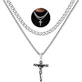 FaithHeart Cross Necklace for Men, Silver/Black/Gold Crucifix Necklace Stainless Steel Pendant with Cuban Chain Jesus Cross Necklaces Religious Gifts for Men