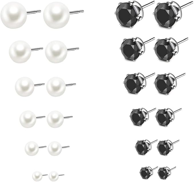 SUNSCSC 12 Pairs Pearl Stud Earrings Set for Women Girls Faux Pearl Earrings Pack Graduated Bead Round