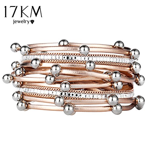17KM Women Stylish Bracelets Multilayers Silver Beads Leather Bracelets Fashion Charm Wrap Cuff Bracelet for Girls