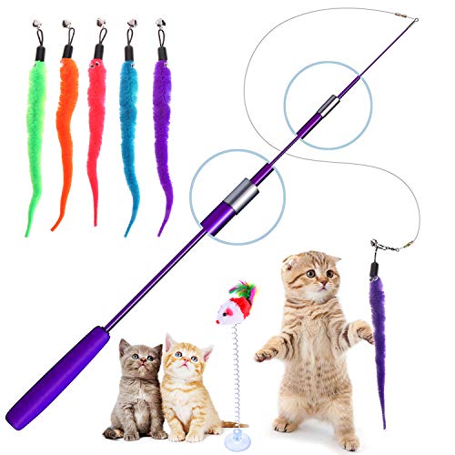 Retractable Cat Toys Wand with 5 Piece Teaser Refills, Interactive Cat Feather Toy for Cat Kitten Having Fun Exerciser Playing, Purple