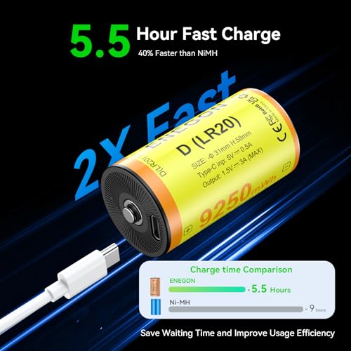 ENEGON 4Pack Rechargeable Lithium D Battery 1.5V 9250mWh, 4 High Capacity D Batteries with Type-C Charging Cable, Low Self-Discharge, fits for R20 /LR20.