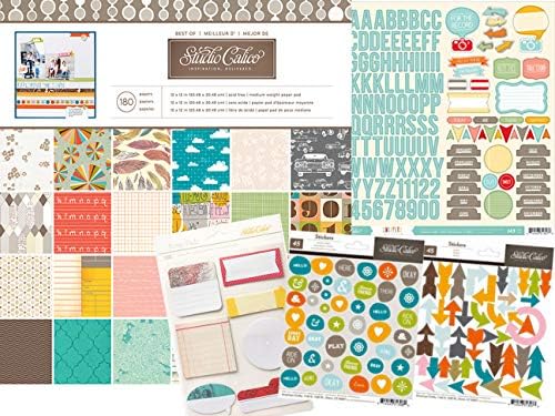Studio Calico Scrapbook Paper Cardstock 12x12, Assorted Colors Bundle with Matching Stickers and Roller Stamp for Scrapbooking Projects