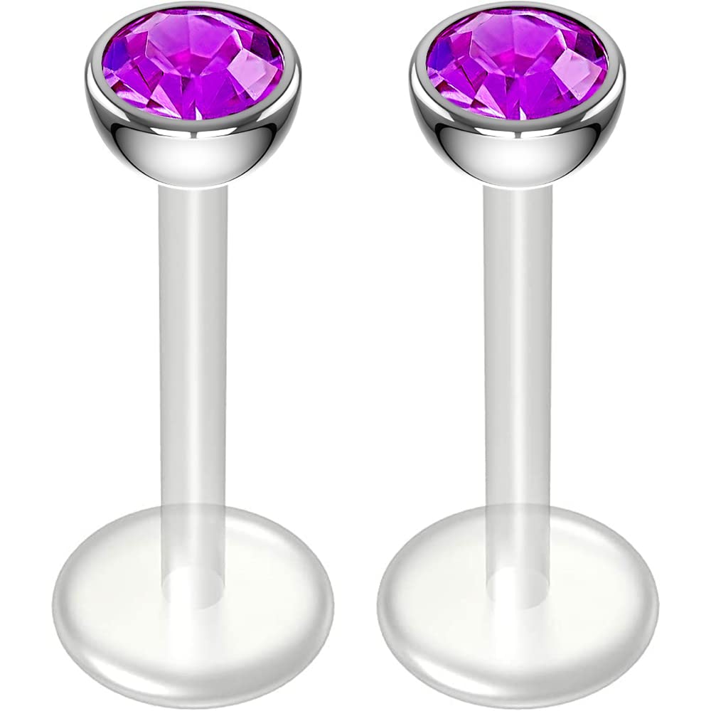 2pc 16g 1.2mm Amethyst CZ Bioplast Labret Bar Flexible Lip Stud Clear BioFlex Hypoallergenic Jewellery 8mm