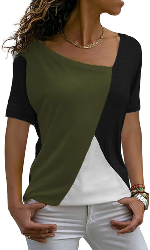 Sarin Mathews Womens Shirts Casual Tee Shirts Short Sleeve Patchwork Color Block Loose Fits Tunic Tops Blouses