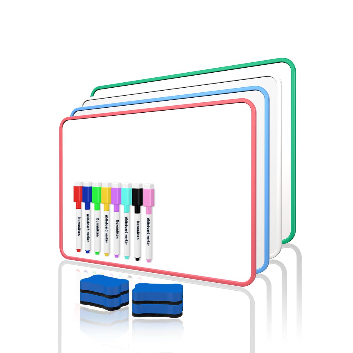 Dry Erase Whiteboard, DumanAsen 4 Pack Double Sided White Board with Dry Erase Pens and Eraser for School, Home, Office, Remote Learning (Blue, Pink, White, Green - 30cm*21cm)