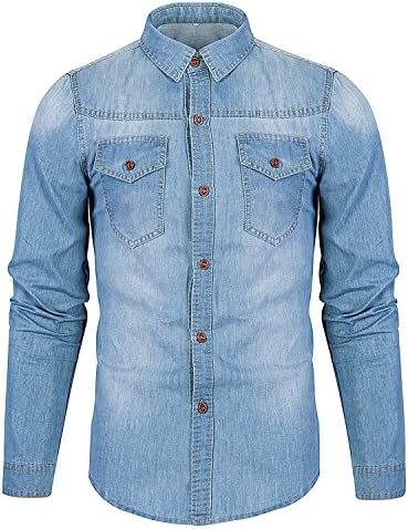 VANCOOG Men's Long Sleeve Denim Work Shirts Pocket Casual Button Dress Shirts