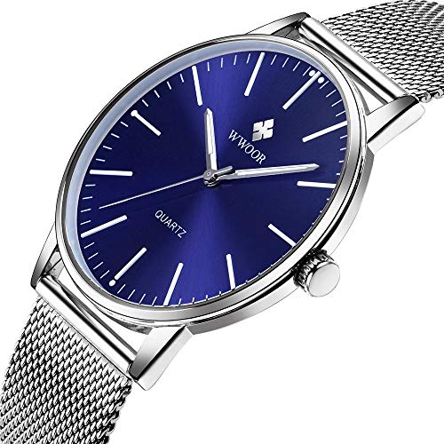 Mens Simple Slim Watch Analog Quartz Waterproof Silver Stainless Steel Mesh Band Thin Blue Face Casual Dress Wrist Watches for Men