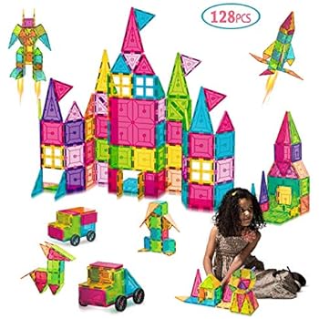 AOKESI Magnetic Toys 128 Pcs Magnet Building Tiles with 2 Cars, 3D Magnetic Building Blocks Set, Magnetic Tiles STEM Preschool Educational Construction Kit for Boys Girls Kids Children Age 3+ Year Old