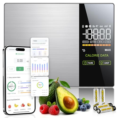 Smart Food Scale with Nutritional Calculator with 23 Nutrients Tracking&LED Display,Bluetooth Sync to Fitdays+ App,Stainless Steel,5KG Capacity,Calorie Counting for Calorie Control&Fitness Goal,Silver