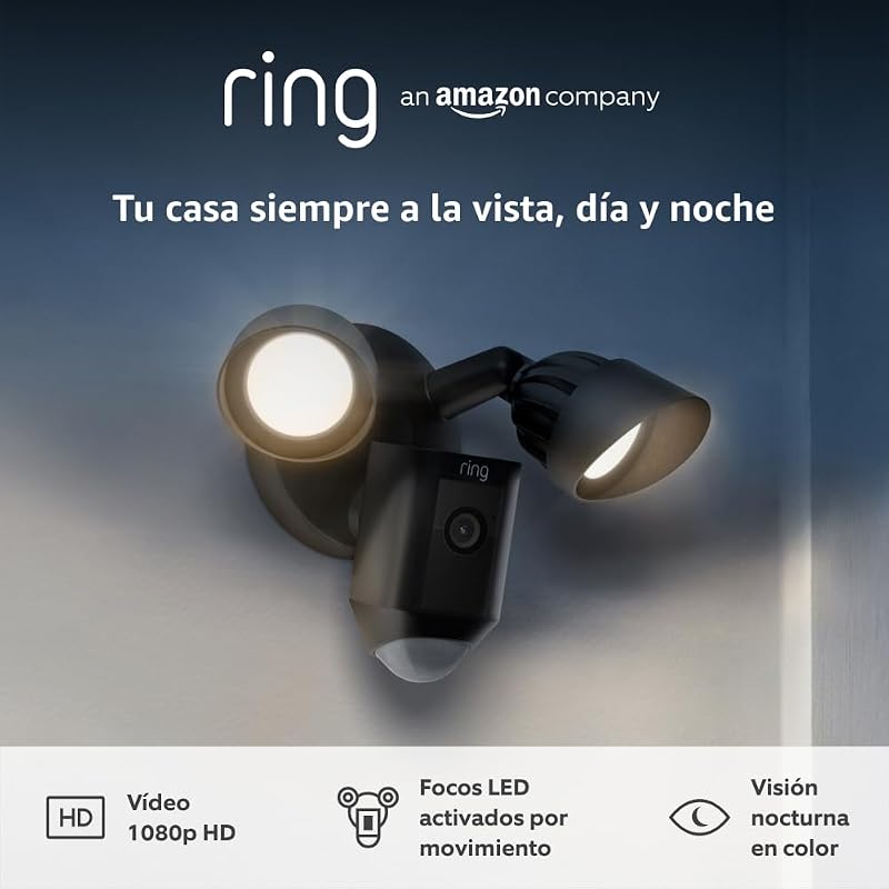 Anel com fio Floodlight Cam Plus | Câmera de vigilância externa Wi-Fi com vídeo HD, comunicação bidirecional, refletores LED, sirene embutida | 30 dias livres de Ring Home
