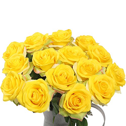 Artificial Flowers AmyHomie Silk Roses Bouquet Home Wedding Decoration Pack of 15 (15, Yellow)