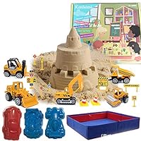 Kenlaimi Moving Sand Play Sand for Kids - Construction Vehicle Playset - 2lbs Play Sand 6 Mini Construction Trucks 10 Road Signs with Foldable Sandbox Birthday Gifts for Boys Girls