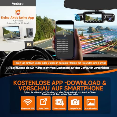HUPEJOS 360° Dash Cam Car Front Rear 4 Channel Dash Cam Car Camera V60 | Inklusive 64GB SD-Karte, WDR-Nachtsicht (8 IR-LEDs), WiFi GPS,150° Weitwinkel, 3,18" IPS Display, G-Sensor,24/7 Parkmodus