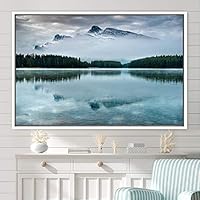 Framed Canvas Wall Art Calming Waters Aerial Cool Lake Landscape Multicolor Photography Realism Relax/Calm - 16x24 inches