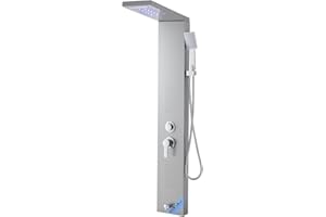 Uargd 53-Inch Brushed Stainless Steel Shower Panel System with Rainfall and Waterfall Shower Heads, LED Features, Wall-Mounte