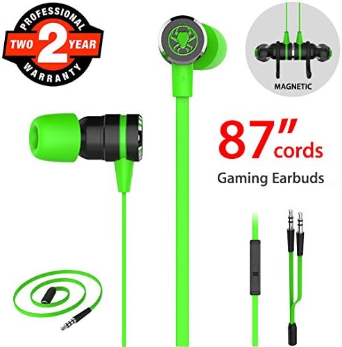 Gaming Earbuds, Noise Isolating Stereo Bass In Ear Headphones with Microphone 86 Inch Long Cord Extension Cable PC Adapter Magnetic Headset Earphones for Computer, iPhone, Samsung, Laptop, PSP - Green