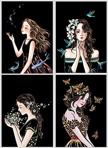 Pobec Scratch Art, Scratch Art Paper DIY Night View Scratchboard for Adult and Kids, with Scratch Paper Pens/Black Brush,8.2''x11.4'' (Girls)