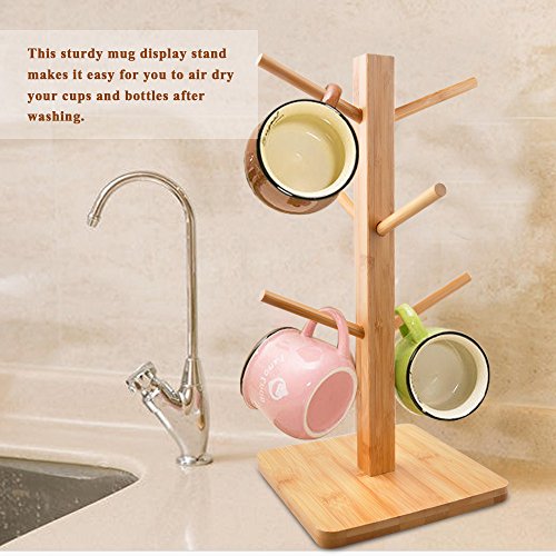 Cuteadoy Mug Rack Tree, Removable Bamboo Mug Stand, Storage Coffee Tea Cup Organizer Hanger Holder with 6 Hooks - Thumbnail 3