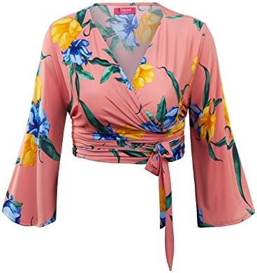 MK WT1284 Womens Printed 3/4 Sleeve Wrap Crop Top 8 CORAL_BLUE