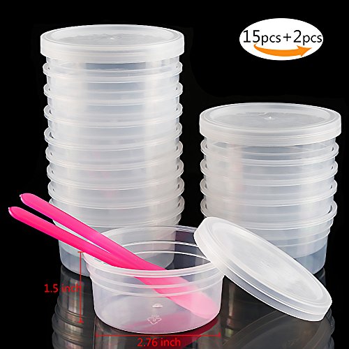 Teenitor Slime Storage Containers 4.5oz, 15 Pack Floam Beads Containers of Slime 46g & 2 Pcs Slime Mixing Spoons for Slime Beads, Leakproof Clear Plastic Storage Slime with Lids