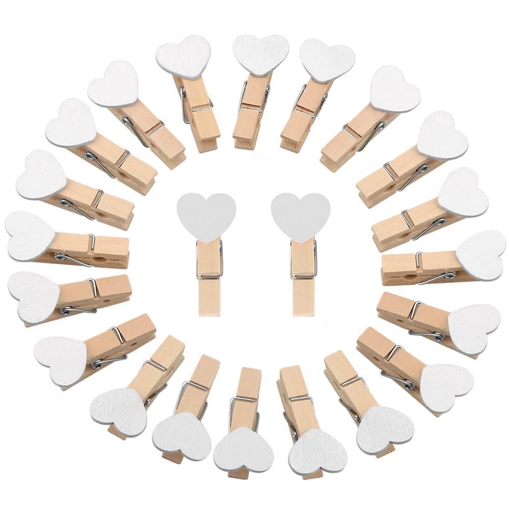 Mini Pegs,100 PCS Tiny Pegs Heart Shape 3cm/1.18in Wooden Photo Display Clips Wooden White Love Heart Peg for Wedding Card Picture Photo Paper Hanging Holder Party Decoration