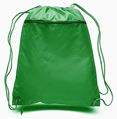 PACK OF 3 - Improved Polyester Drawstring Bags with Front Zipper Pocket, Cinch Bags, Sack Pakcs (KELLY GREEN)