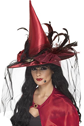 Smiffy's Women's Witch Hat, Net & Feathers, Red, One Size, 36720
