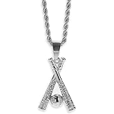 HYXITVCG Baseball Necklace Hip Hop Baseball Pendant Baseball Bat Cross Stainless Steel Pendant Necklace Sports Jewelry Sports Necklace Rhinestone Baseball Necklace for Men and Women (Silver)