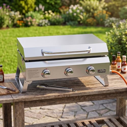 onlyfire Plancha à Gaz de Table en Inox, Barbecue Gaz avec Couvercle et 3 Brûleurs 7kW, Plancha 57x36cm avec Revêtement en Céramique Antiadhésif, Pieds Pliables pour Terrasse, Balcon et Camping