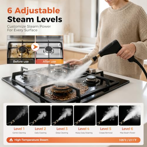 Steam Cleaner, Handheld Steam Cleaner for Cleaning, 1500W Portable Steam Cleaner with 6-Level Adjustable & Quick Heat-Up, Steam Cleaner for Home, Kitchen, Bathroom, Tile, Grout, Dirt, Car Detailing