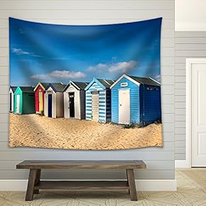 Row of Beach Huts on The Sand at Southwold - Fabric Wall Tapestry Home Decor - 51x60 inches