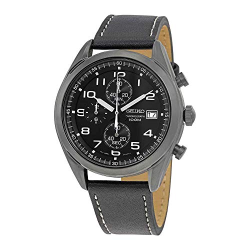 Seiko Men's 44.9mm Black Leather Band IP Steel Case Hardlex Crystal Quartz Analog Watch SSB277P1