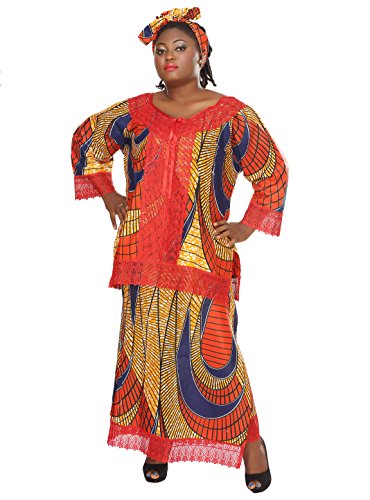 African Planet Women's Three Pc Skirt Blouse Red Ethnic Nigerian Lace Kitenge