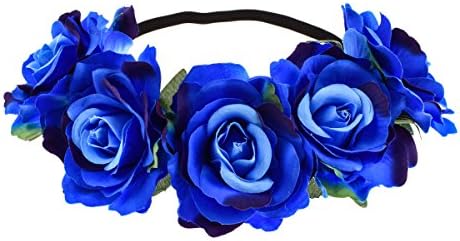 June Bloomy Rose Floral Crown Garland Flower Headband Headpiece For Wedding Festival (Blue)