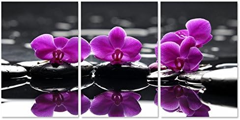 Purple Blooming Orchid Flower Artwork on Canvas Modern Print Painting for Living Room Wall Decor SPA Black Zen Stone Contemporary Art Picture 3 Panels Framed and Ready to Hang