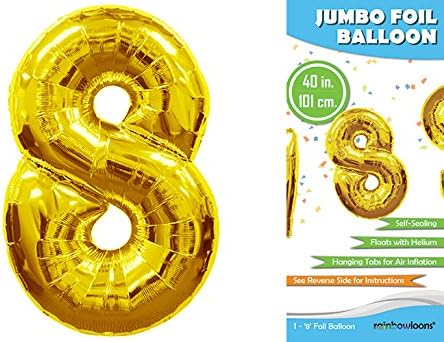 Rainbowloons Jumbo Mylar Foil Balloon, 40-Inch, Glossy Gold, Number 8