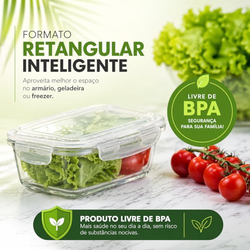 Kit 10 Potes de Vidro Hermético 640ml com Travas – Borossilicato Resistente, Tampa com Vedação em Silicone, BPA Free, Vai ao Microondas, Forno, Freezer e Lava-louças – Marmitas Saudáveis