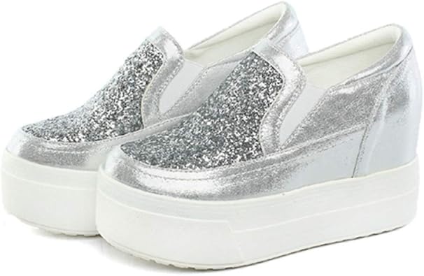 Amazon プラットフォームスニーカー レディース シューズ カジュアル 厚底 靴 グリッター スニーカー 黒 シルバー 厚底スニーカー おしゃれ 大人 スリッポン プラットフォーム インヒール サイドゴム 無地 きれいめ 通気 幅広 脚長 可愛い ドドシューズ ローファー