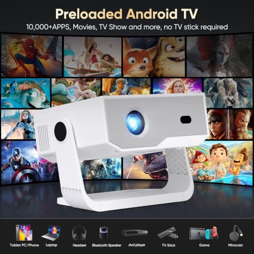 2026 Smart Projector Built-in-Apps, Android TV, Supported 4K/Native 1080P, 300 ANSI, Wifi 6 Bluetooth 5.2, Portable Mini Movie Projector for Bedroom Home, Auto Keystone, iOS/Switch/PS5