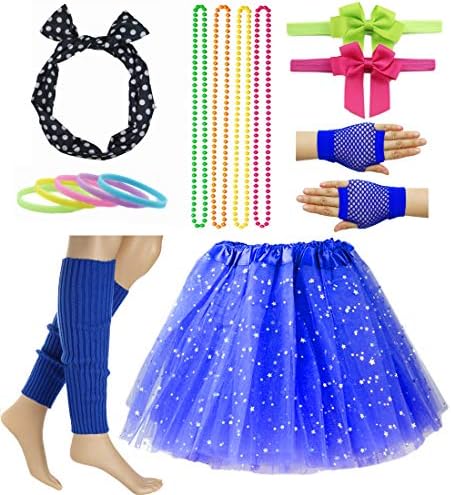 Girl 80s Star Sequin Tutu Skirt with Neon Necklace Bow Headband Hair Clip Set